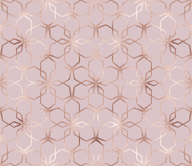 Geometric rose gold glitter flowers tile seamless pattern.