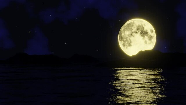 The golden yellow full moon is reflected in the sea. The shadow of the island in the ocean The sky has many stars. Ripples on the sea at night.3D Rendering