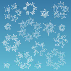Set of vector snowflakes. Unusual, extraordinary snowflake. Christmas design. Isolated illustration on the blue background.