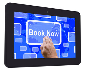 Book Now Tablet Touch Screen Shows Hotel Or Flights Reservation