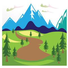 landscape illustration green field, mountain house river. vector design background