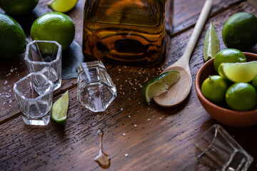 Tequila bottle and empty shots glasses with split drink on a rustic table, horizontal.