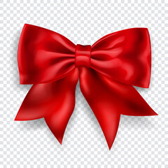 Beautiful big bow made of red ribbon with shadow on transparent background. Transparency only in vector format