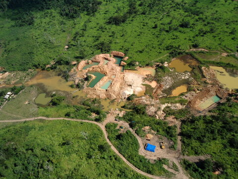 Aerial view of gold mining area in Amazon forest region, Para state, Brazil