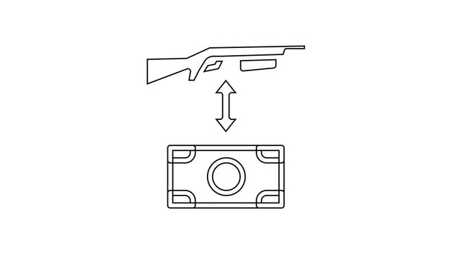Black line Buying assault rifle with price tag icon isolated on white background. Buying weapon. 4K Video motion graphic animation.