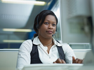 adult woman working in call center