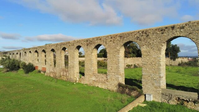 Aqueduct of  Evora, historical village of Portugal. Aerial Drone Footage