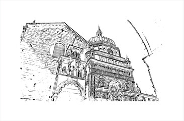 Building view with landmark of Bergamo is a city in the alpine Lombardy region of northern Italy. Hand drawn sketch illustration in vector. - obrazy, fototapety, plakaty