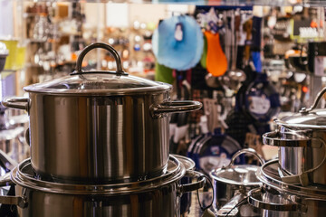 Kitchen appliances store pans cookware assortment  goods  pot tableware stewpan
