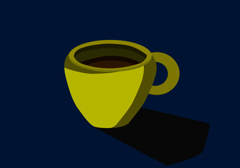 A yellow cup with a coffee-like filling in the cup and a shadow