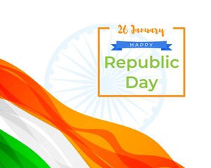 Obraz premium Vector illustration of Happy Republic day, 26 january, national holiday of India, abstract wavy Indian flag, ashoka chakra, banner template for website.