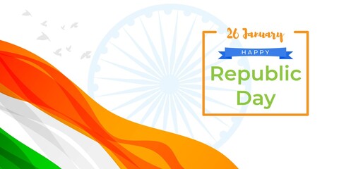 Vector illustration of Happy Republic day, 26 january, national holiday of India, abstract wavy Indian flag, ashoka chakra, flying birds, banner template for website.