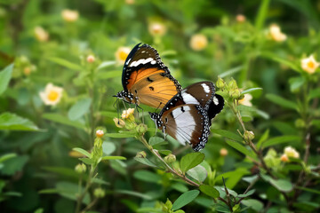 Butterflies mating and flying around with bokeh and green natural background