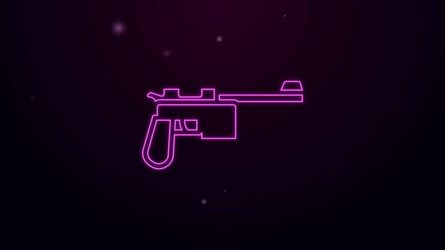 Glowing neon line Mauser gun icon isolated on black background. Mauser C96 is a semi-automatic pistol. 4K Video motion graphic animation.