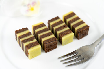 Traditional Sarawak Malaysia steamed chocolate layered cake, also known as Kek Lapis Legit