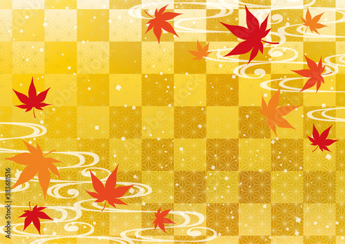 紅葉と市松模様 秋の和風背景 Wall Mural Wallpaper Murals メガネ