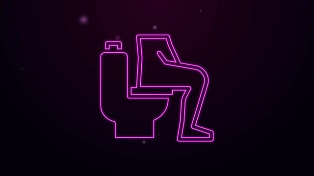 Glowing neon line Men sitting on the toilet and Constipation are experiencing severe abdominal pain icon isolated on black background. 4K Video motion graphic animation.