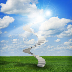 Spiral stairs in sky with green grass, clouds and sun