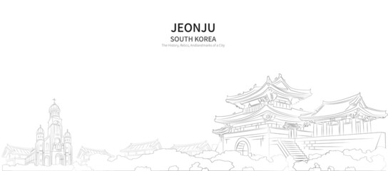 Jeonju Stadtbild Linienvektor. Skizzenart Südkorea-Wahrzeichenillustration mit weißem Hintergrund. © Tuna salmon