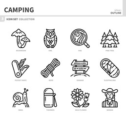 camping icon set,outline style,vector and illustration