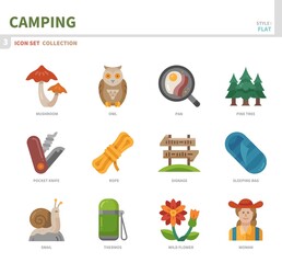 camping icon set,color flat style,vector and illustration