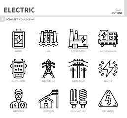 electric icon set,outline style,vector and illustration