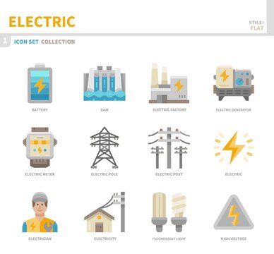 electric icon set,color flat style,vector and illustration