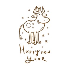New Year card with cute cartoon bull  in crown. Chinese calendar symbol. Vector holiday poster. Funny animal. Contour  doodle image no fill.