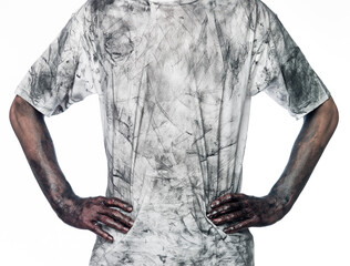 Man with a dirty shirt towards white background