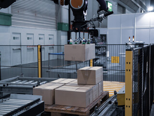 Industrial robot arm loading carton on conveyor. Industry warehouse.