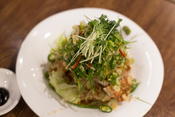 Fried chicken with hot and sour soy sauce topped with chives and green pepper.