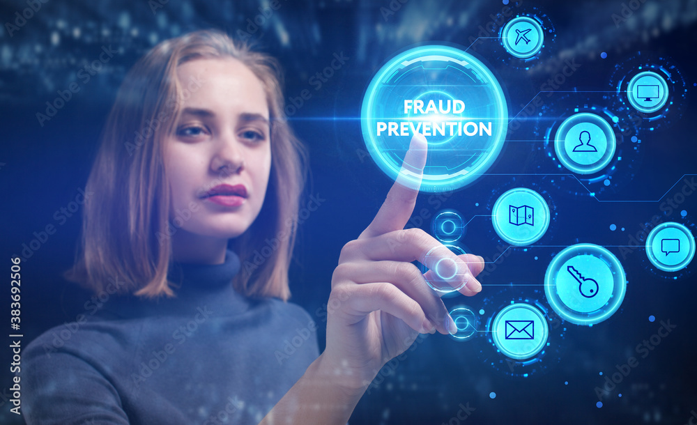 Poster Business, Technology, Internet and network concept. Young businessman working on a virtual screen of the future and sees the inscription: Fraud prevention