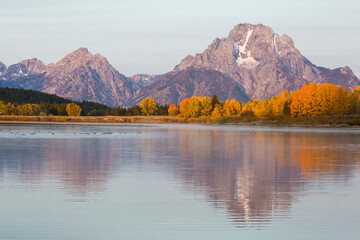 Beautiful landscape of Oxbow Bend with the fall colors in Grand Teton National Park (Wyoming).