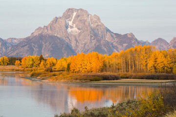 Beautiful landscape of Oxbow Bend with the fall colors in Grand Teton National Park (Wyoming).
