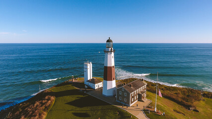 Aerial  Montauk Lighthouse Museum by the Atlantic,  Montauk Point Light at the easternmost point of Long Island, in the hamlet of Montauk in the Town of East Hampton in Suffolk County, New York. 