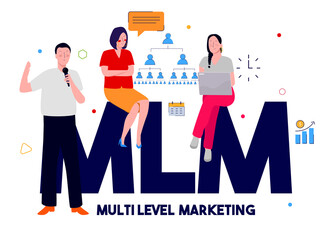Multi level marketing concept men hold microphone presentation women sit on text MLM with flat color style
