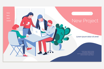 Team work banner template. Business team working on project together at desk with laptop. Business meeting, brainstorming, teamwork, interaction at business process flat vector illustration