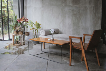 Living room design with opened air and mini garden. Semi outdoor concept.