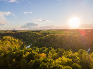 sunset over the river and farmland during fall in southeastern Minnesota 