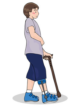 短下肢装具を付けて杖歩行する男性