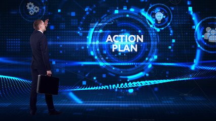 Business, technology, internet and network concept. Young businessman thinks over the steps for successful growth: Action plan