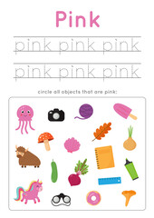 Learning pink color for preschool kids. Writing practice.