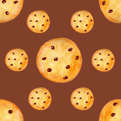 Seamless pattern with Christmas cookies on a brown background. Can be used for wrapping, packaging, paper, fabric. Painted in watercolor.