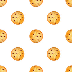 Seamless pattern with cookies with chocolate chips on a white background.