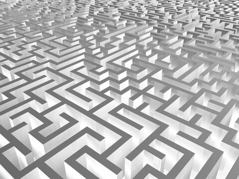 3d rendering of a white square maze. Endless maze concept of discovery, confusion and challenges. White endless maze. Mazes and labyrinths. Secrets and puzzles. Problems and solutions. 3D illustration