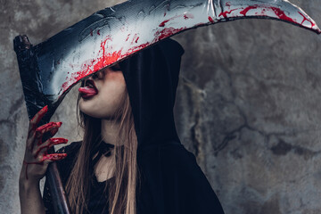 Woman ghost horror her have tongue lick scythe, halloween day concept