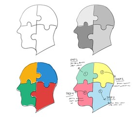 Infographic head puzzle set collection hand drawn sketches white isolated background
