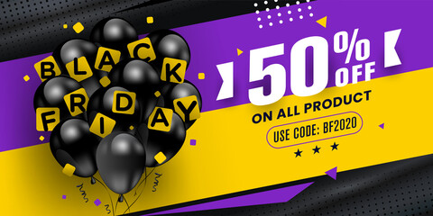 Best black friday deals. Banner with group of balloon on abstract purple and yellow background. Vector illustration.