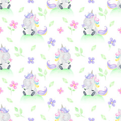 Watercolor seamless pattern unicorn, cute, big dreams, magic, fairy tale. Print Unicorn, unicorn background, flowers, greenery, summer.  Pastel colors. For digital paper, fabrics