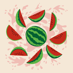 The slices of watermelon in a cartoon style. Green striped berry with red flesh and black seeds, cut and sliced fruit. Vector illustration with a background in the form of juice splashes.